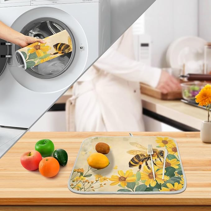 Honey Bee Dish Drying Mat for Kitchen Counter Absorbent Microfiber Large Drying - Image 4