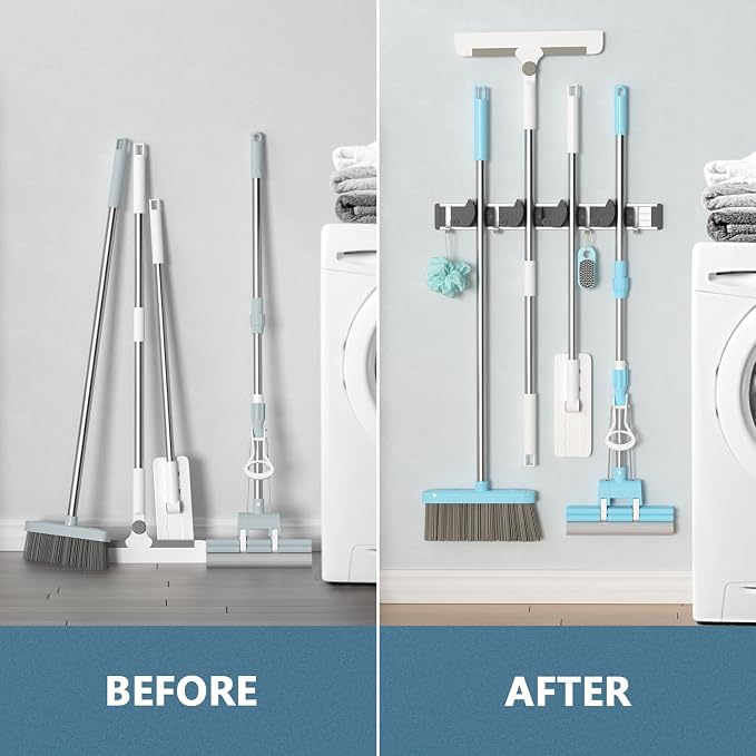 Holikme Mop Broom Holder Wall Mount Metal Pantry Organization and Storage - Image 4
