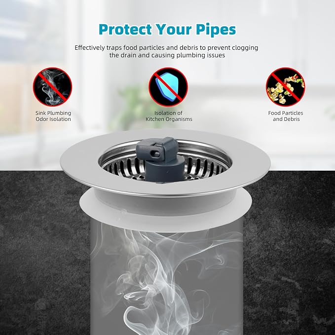 Hibbent 3 in 1 Kitchen Sink Drain Strainer, Stainless Steel Wrapped Shell Drain - Image 4