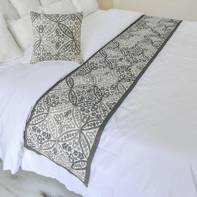 The HomeCentric King/Queen/Twin Gray Designer King 90"x18" Bed Runner Without Pillow Cover, Moroccan, Pearl, Geometric & Embroidered Bed Scarf on Embroidered Fabric - Meryem