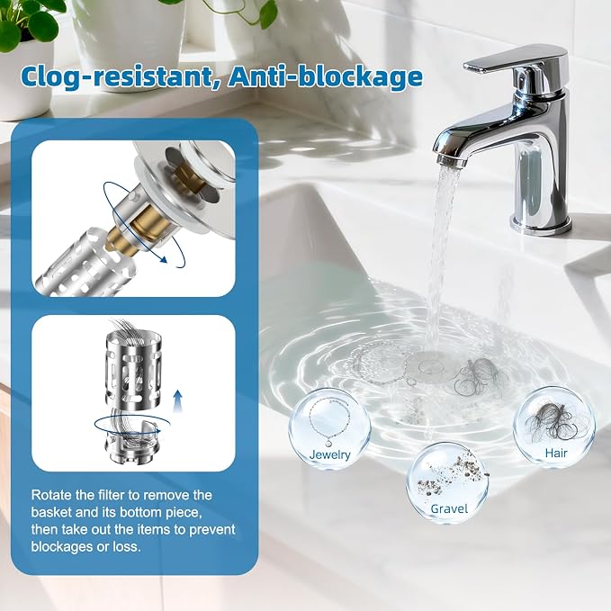 Hibbent Universal Bathroom Sink Drain Strainer, Upgraded 3 in 1 Pop Up Stopper - Image 2