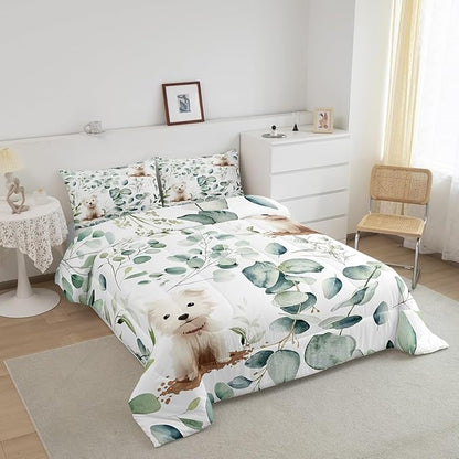 Erosebridal Cute Dog Full Size Comforter Set for Kids Child Green Eucalyptus Bedding Set, Pet Animal Down Comforter Botanical Plant Leaves Bed Set, Cartoon Pug Puppy Quilted Duvet