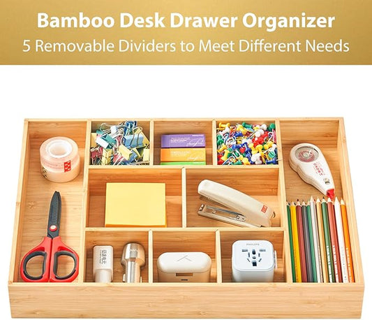 Umilife Extra Large Bamboo Desk Drawer Organizer, Wood Junk Organizer Tray - Image 2