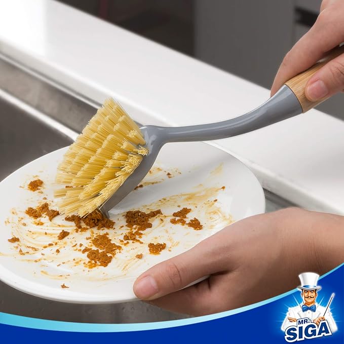 MR.SIGA Dish Brush with Long Bamboo Handle Built-in Scraper, Scrub Brush - Image 2