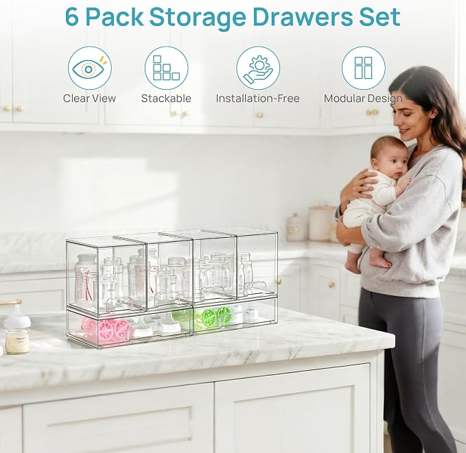 Vtopmart 6 Pack Clear Baby Bottle Organizer Set, Stackable Storage Drawers Ideal - Image 3
