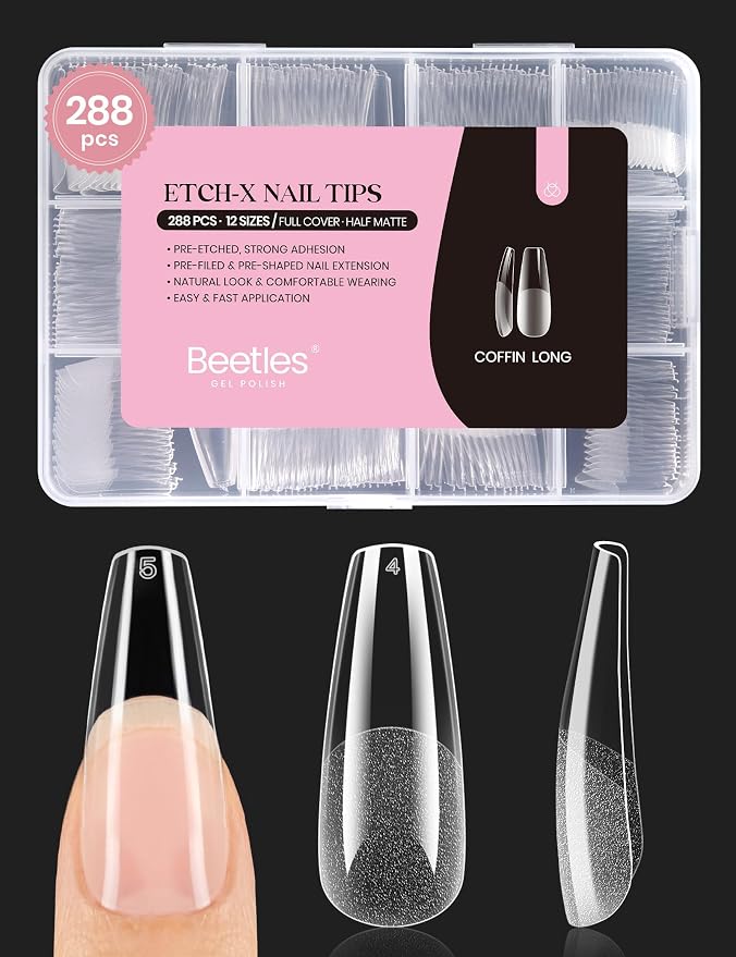 Beetles Coffin Long Gel Nail Tips –Pre-Etched Half Matte Full Cover, 288 Pieces by beetlesGelPolish