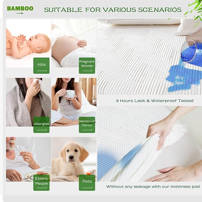 GRT Full Waterproof Mattress Protector Rayon Bamboo - 3D Air Fiber Cooling Mattress Cover Breathable Ultra Soft, Mattress Pad Noiseless Fits up to 19'' Deep Pocket Washable