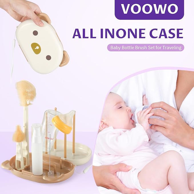 VOOWO Baby Bottle Brush & Drying Rack, Travel Bottle Cleaner Kit, Silicone - Image 6