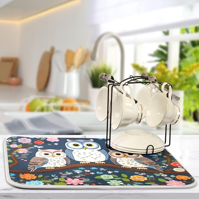 Dish Drying Mat Kitchen Counter Absorbent Three Owls Coffee Sink Mat Dish - Image 5