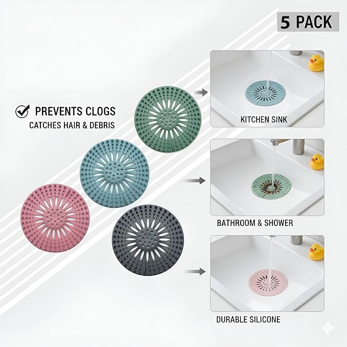Silicone Drain Hair Catcher 5-Pack – Flexible TPR Drain Strainer & Cover - Image 6