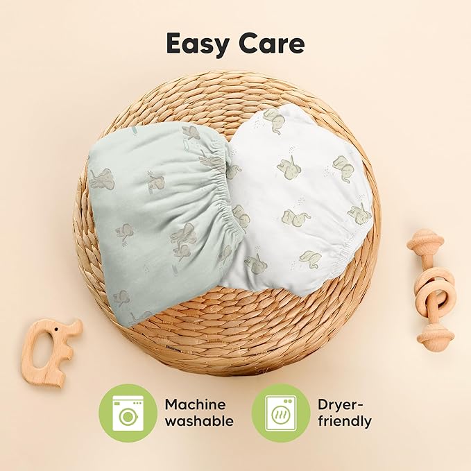 Pack and Play Sheets Fitted - 2-Pack Mini Crib Sheets for Pack N Play Mattress 38x26, Soft & Cozy, Neutral Toddler Playard Bedding, Snug Fitted Mini Baby Crib Mattress Cover Boy, Girl (Elly)