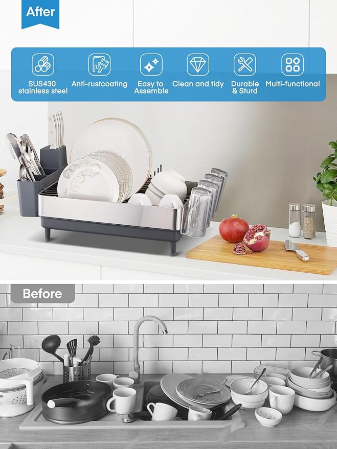 FOHERE Large Dish Drying Rack, Expandable Dish Rack, Stainless Steel Dish Rack - Image 8