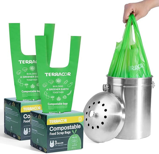 Compost Bags, 3 Gallon Compostable Food Scrap Bags Handle Tie, Certified by BPI by TerracorPackaging
