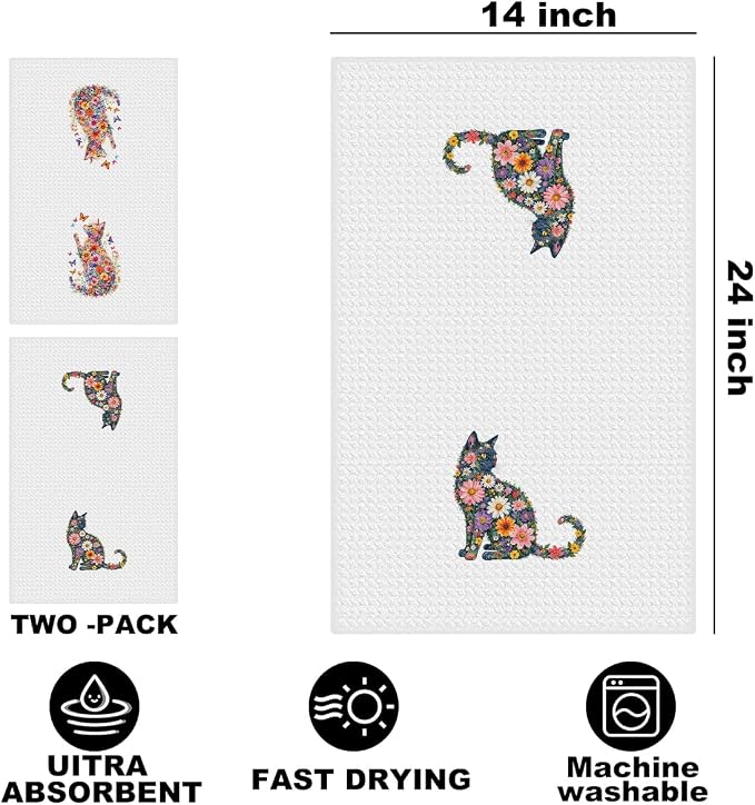 Hanamiya Na 2 Pcs Flower Cat Kitchen Towels, Floral Cat Hand Towel - Image 2