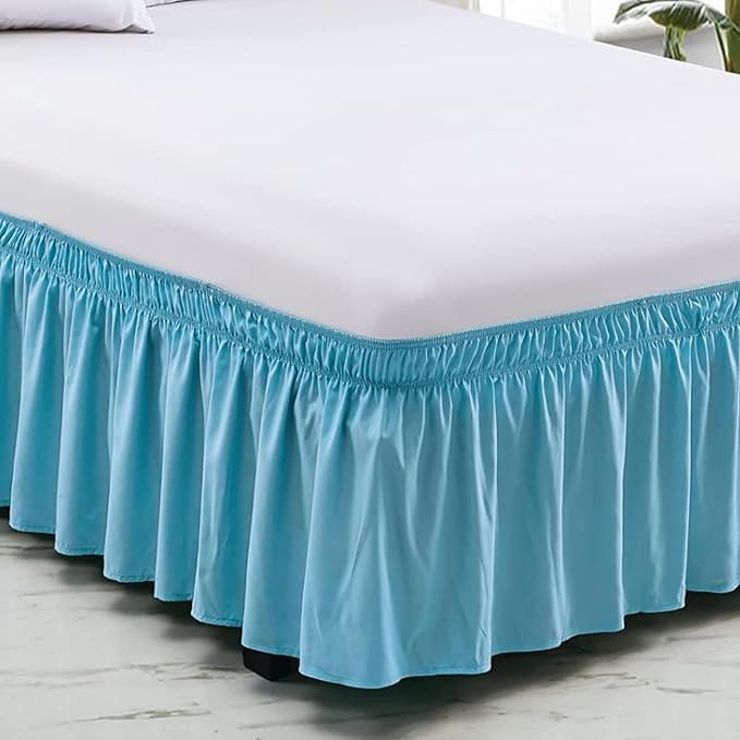 Light Blue Wrap Around Bed Skirts with 16" Drop - Three Sides Fabric Adjustable Elastic Dust Ruffle Silky Soft -600 TC Stretchy Bed Skirt-King(76"X 80") Light Blue