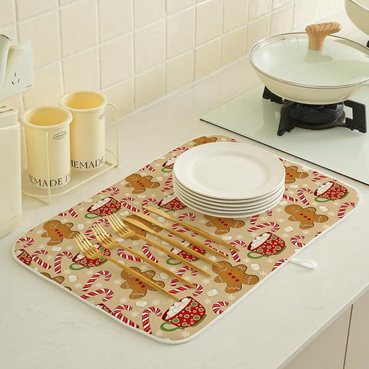 Christmas Dish Drying Mat 18x24 Inch Winter Brown Gingerbread Man Dish Drainer - Image 2