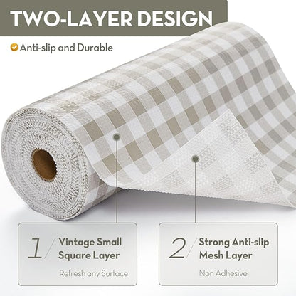 Drawer Shelf Liner, Non-Slip Kitchen Cabinet Liners Non-Adhesive Thick Strong Grip Waterproof Mats Protect Dresser Shelves Cupboard Bathroom Cabinets, Green Plaid, 17.5 in X 30 FT
