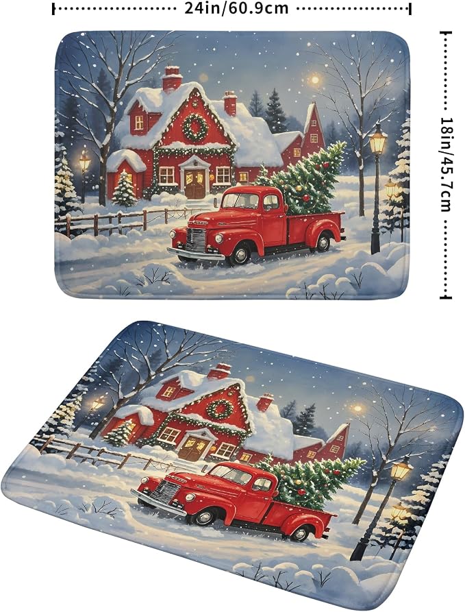 Christmas Dish Drying Mat for Kitchen Counter 18x24 Red Truck Winter Xmas Snow - Image 2