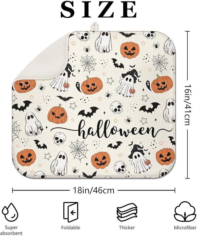 Halloween Dish Drying Mat for Kitchen Counter, Horror Halloween Pumpkin Skull - Image 2