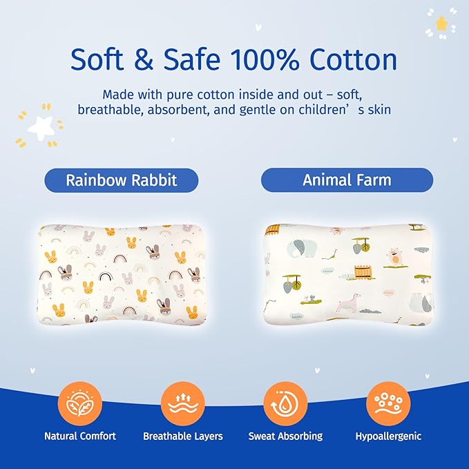 Toddler Pillow with Pillowcase, Breathable & Cozy Machine Washable Kids Pillow with Pillowcase, 21.6x13.8 Ergonomic Children Pillow for Boys and Girls Aged 6-12 (Rabbit, Height 3)