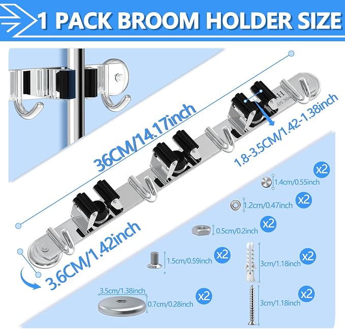 3-H Magnetic Broom Holder Wall Mount 1 Pack, 2-in-1 Dual Mount, 304 Stainless - Image 4