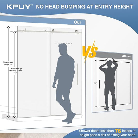 KPUY Frameless Shower Door, 61-66" W x 76" H Sliding Glass Shower Door - Image 2