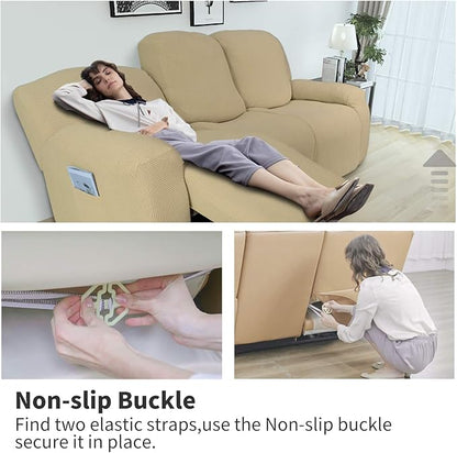 Easy-Going 6 Pieces Recliner Loveseat Stretch Sofa Slipcover Sofa Cover Furniture Protector Couch Soft with Elastic Bottom Kids, Spandex Jacquard Fabric Small Checks Beige