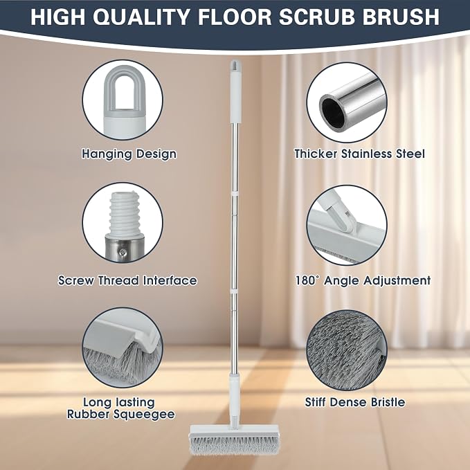 Floor Scrub Brush with Long Handle, 2 in 1 V-Shape Grout Brush with Squeegee + - Image 7