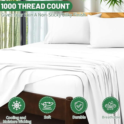 Extra Deep Pocket Queen Sheets 18-24 Inch 1000 Thread Count 100% Egyptian Cotton Sateen Weave Soft Breathable 4 Pieces（Queen,White）