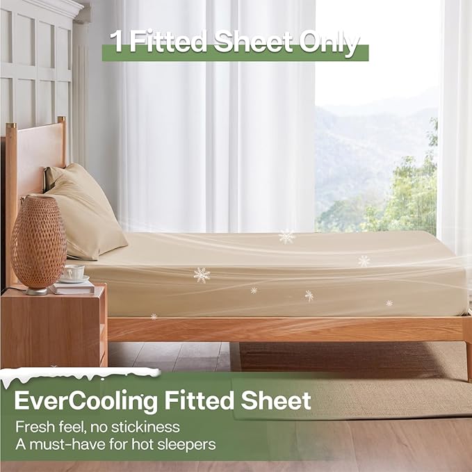 MR&HM Full Fitted Sheet Only, Ultra-Soft Rayon Derived from Bamboo & Polyester Blend, Silky & Breathable, 15" Deep Pocket with Elastic Straps, Cooling Fitted Sheet for Hot Sleepers, Beige