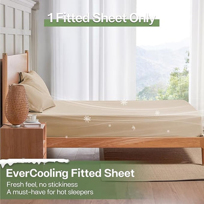 MR&HM Full Fitted Sheet Only, Ultra-Soft Rayon Derived from Bamboo & Polyester Blend, Silky & Breathable, 15" Deep Pocket with Elastic Straps, Cooling Fitted Sheet for Hot Sleepers, Beige