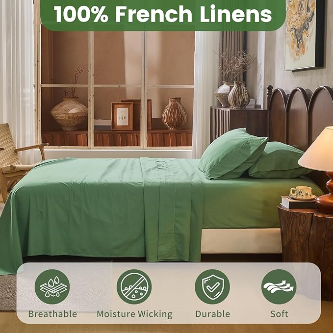 100% Linen Sheets California King Size,Breathable & Durable 4-Piece Bed Flax Sheet Set,Soft All-Season Bedding for Hot Sleepers 16" Deep Pocket Oeko-TEX Certified,（Cal King, Sage Green）