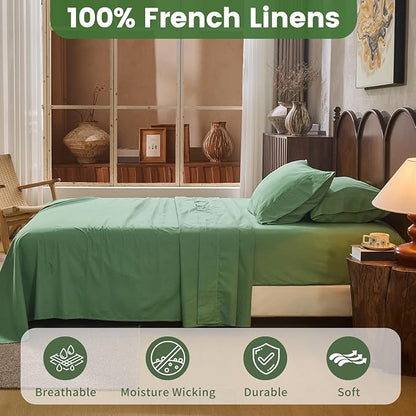 100% Linen Sheets California King Size,Breathable & Durable 4-Piece Bed Flax Sheet Set,Soft All-Season Bedding for Hot Sleepers 16" Deep Pocket Oeko-TEX Certified,（Cal King, Sage Green）