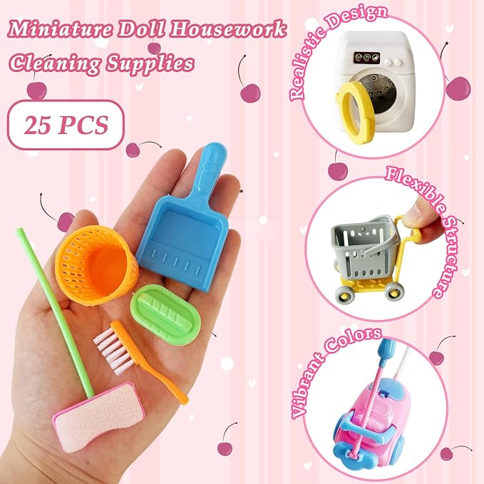 25 Pieces Miniature Doll Housework Cleaning Supplies, Mini Dollhouse - Image 3