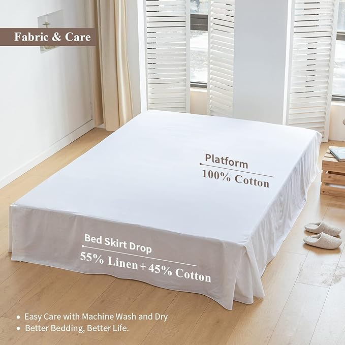 BISELINA French Linen Bed Skirt with Pleated Corner 14-Inch Tailored Drop Natural Flax Cotton Blend Basic Dust Ruffle Soft Cozy Farmhouse Bedding (14" Twin, Basic White)