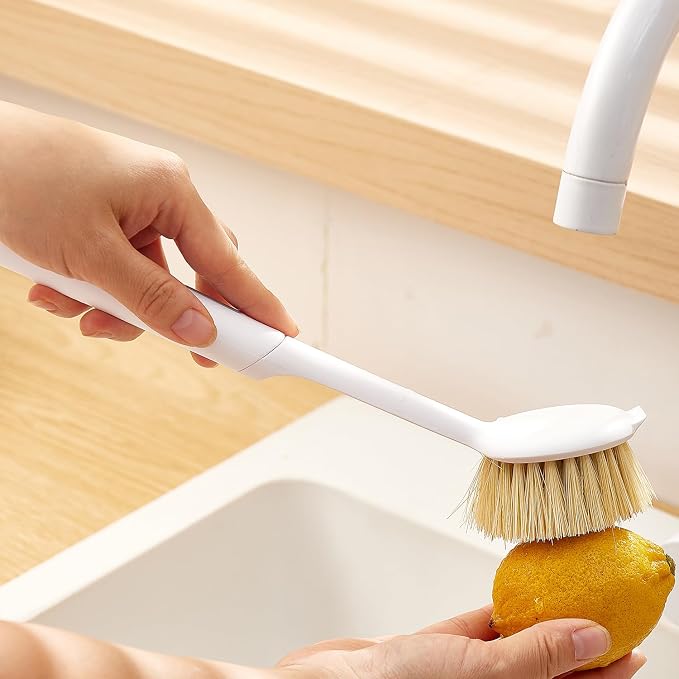 Kitchen Cleaning Brush, Pot Dish Brush Pots Comfortable Long Built-in Scraper - Image 2