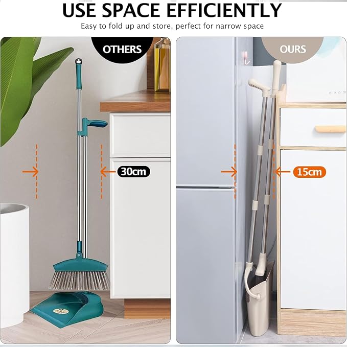 Broom and Dustpan Set, Long Handle Stand Up Broom and Dust Pan Combo, - Image 2