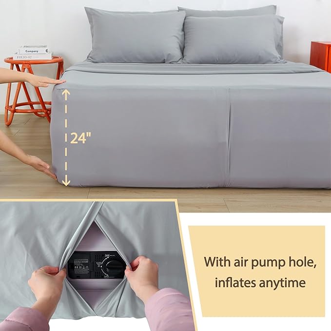 Air Mattress Sheet Set Full Size,6 Piece Deep Pocket Bed Sheet Set for 16-24 Inch Air Bed,Easy Inflate Access,Perfect for Guest Room, RV, Camping,Gray