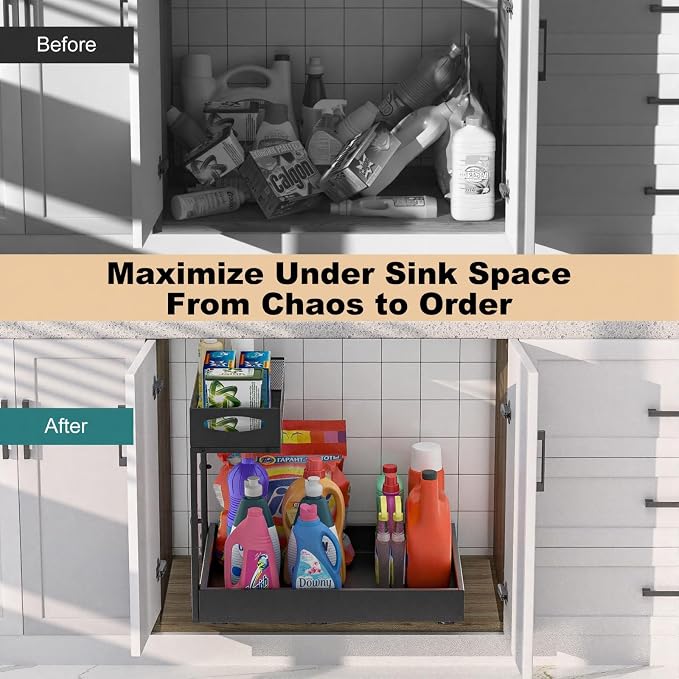 Housolution Under Sink Organizer, 2 Tier Metal Pull Out Under Sink Storage Rack - Image 5
