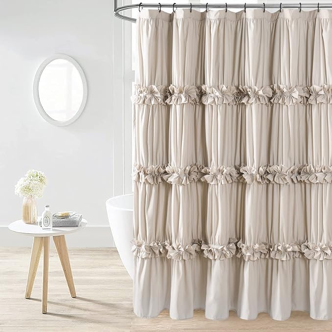 Camel Ruffle Shower Curtain, Vintage Handcrafted Bow Tie Ruched Microfiber Bath by Homechoice+Decor