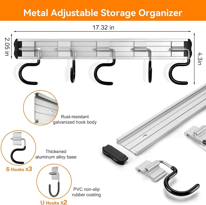 34.5'' Aluminum Alloy Garden Tool Organizer Wall Mount Garage Organizers and - Image 2