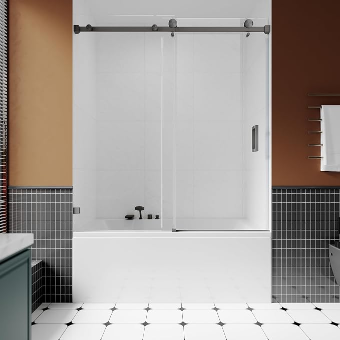 3/8" Sliding Glass Shower Door for Bathtub, 56-60" W x 66" H Frameless Bathroom by UNIKOOSHOWERDOOR