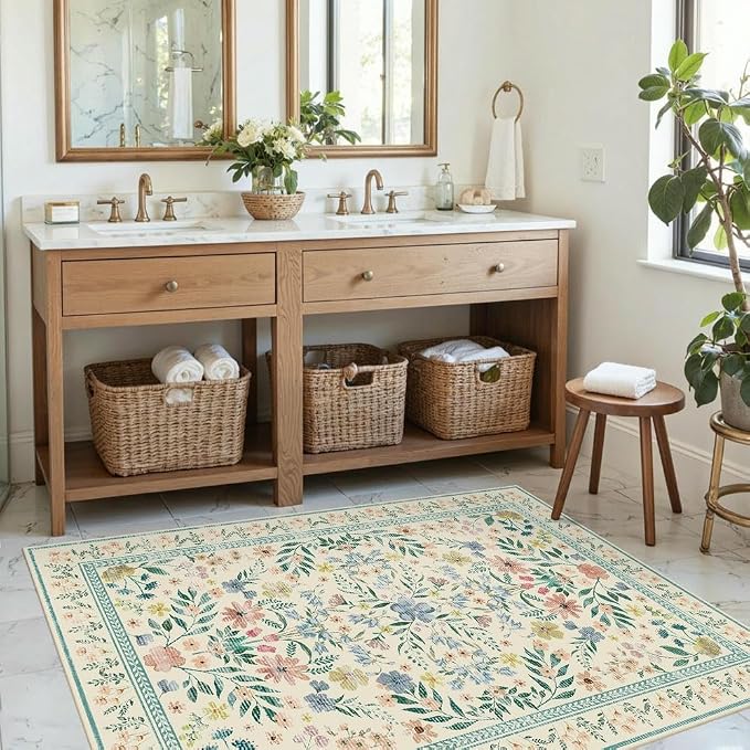 Floral Rug for Entryway, 3x5 Washable Area Rug, Non Slip Low Pile Carpet - Image 3