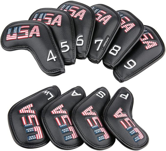 Golf Builder Black Leather USA Golf Club Iron Wedge Head Covers Fit All Brands by Golf+Builder