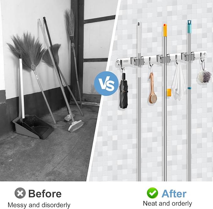 Mop and Broom Holder Wall Mounted, 3 Racks and 4 Hooks Broom, Upgraded - Image 2