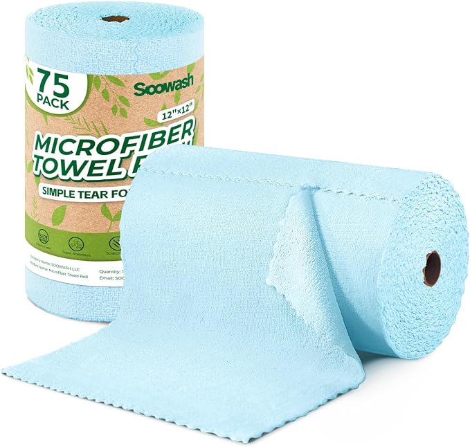 Microfiber Cleaning Cloths Roll, 75 Pack Tear Away Microfiber Towels Roll by SOOWASH