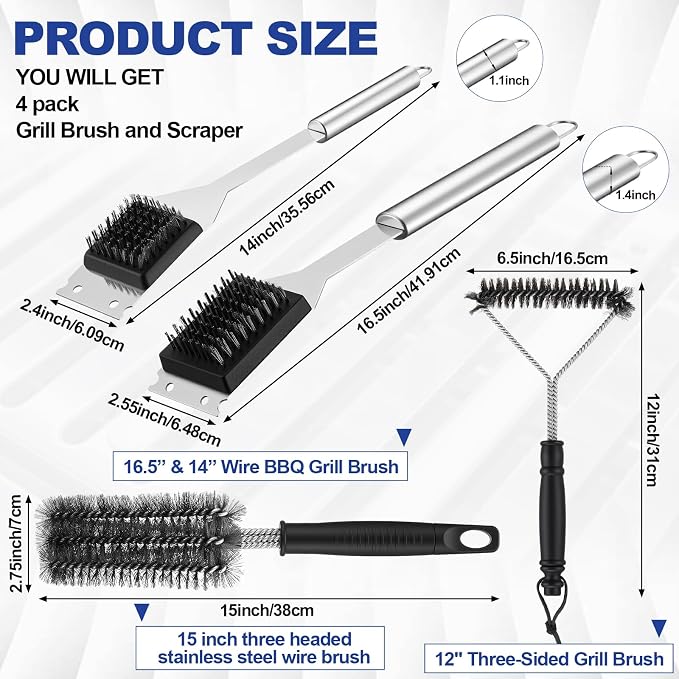 4 Pcs 304 Stainless Steel BBQ Grill Brush, 16.5” & 14” Wire BBQ Brush & Scraper - Image 2
