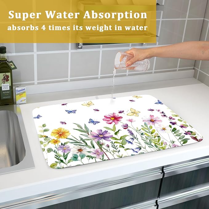 Wildflower Dish Drying Mat for Kitchen 24x18 Inch Colorful Floral Butterfly - Image 7