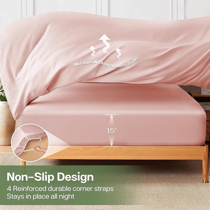 MR&HM California King Fitted Sheet, Ultra-Soft Rayon Derived from Bamboo & Polyester Blend, Silky & Breathable, 15" Deep Pocket with Elastic Straps, Cooling Fitted Sheet for Hot Sleepers, Pink
