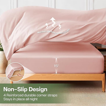 MR&HM California King Fitted Sheet, Ultra-Soft Rayon Derived from Bamboo & Polyester Blend, Silky & Breathable, 15" Deep Pocket with Elastic Straps, Cooling Fitted Sheet for Hot Sleepers, Pink